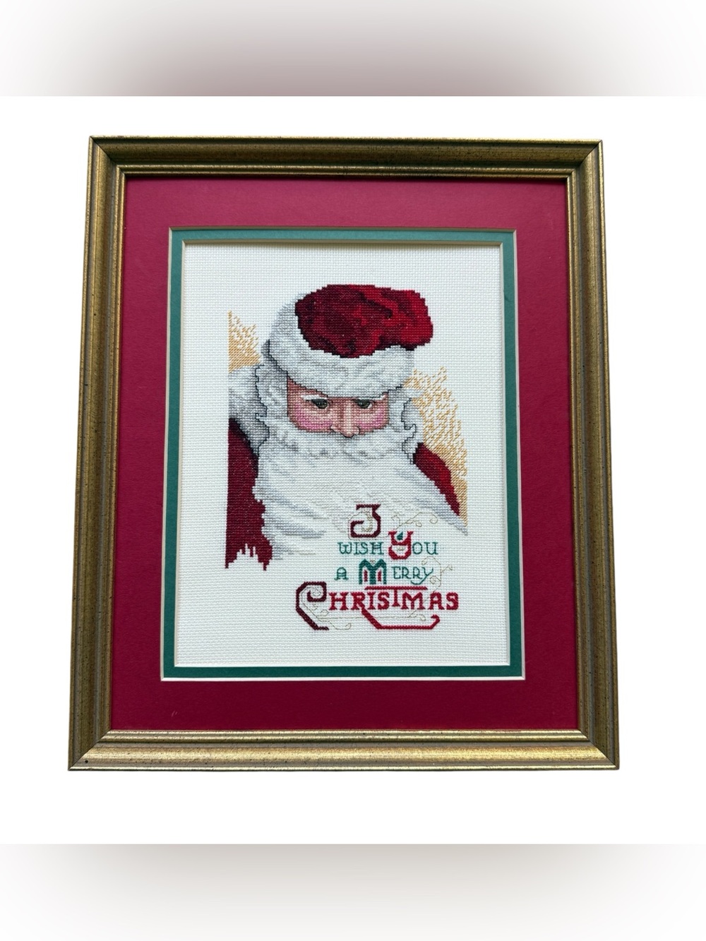 Vintage 1992 Santa Cross Stitch Framed Art Grandmillennial Christmas Holiday Art